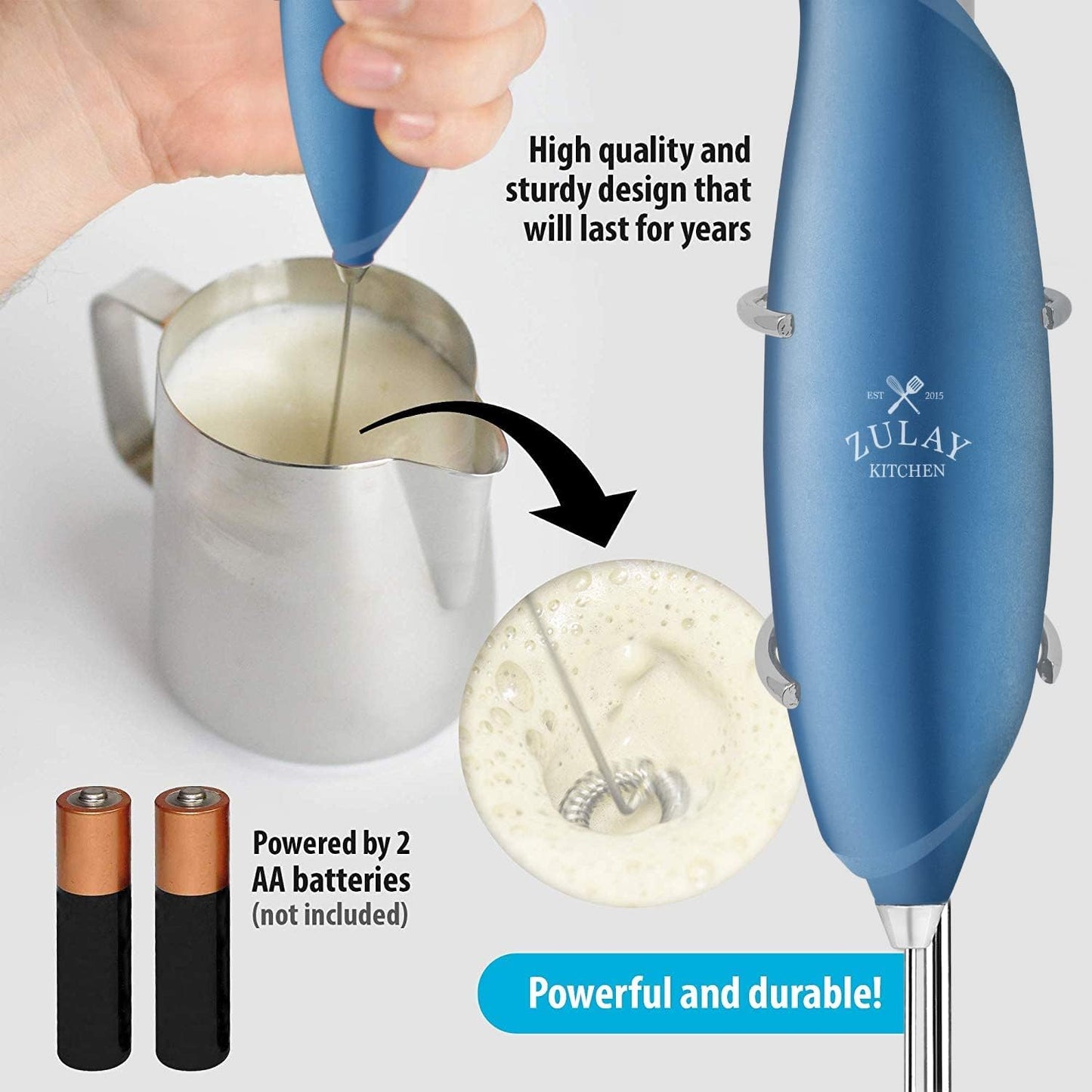Zulay Kitchen Powerful Rechargeable Milk Frother Handheld Lux Foam Maker for Lattes, Metallic Blue, Rechargeable