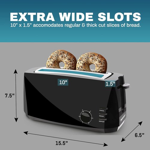 Elite Gourmet Long Slot 4-Slice Toaster - 6 Toast Settings, Extra Wide Slots for Bagels & Waffles, Black