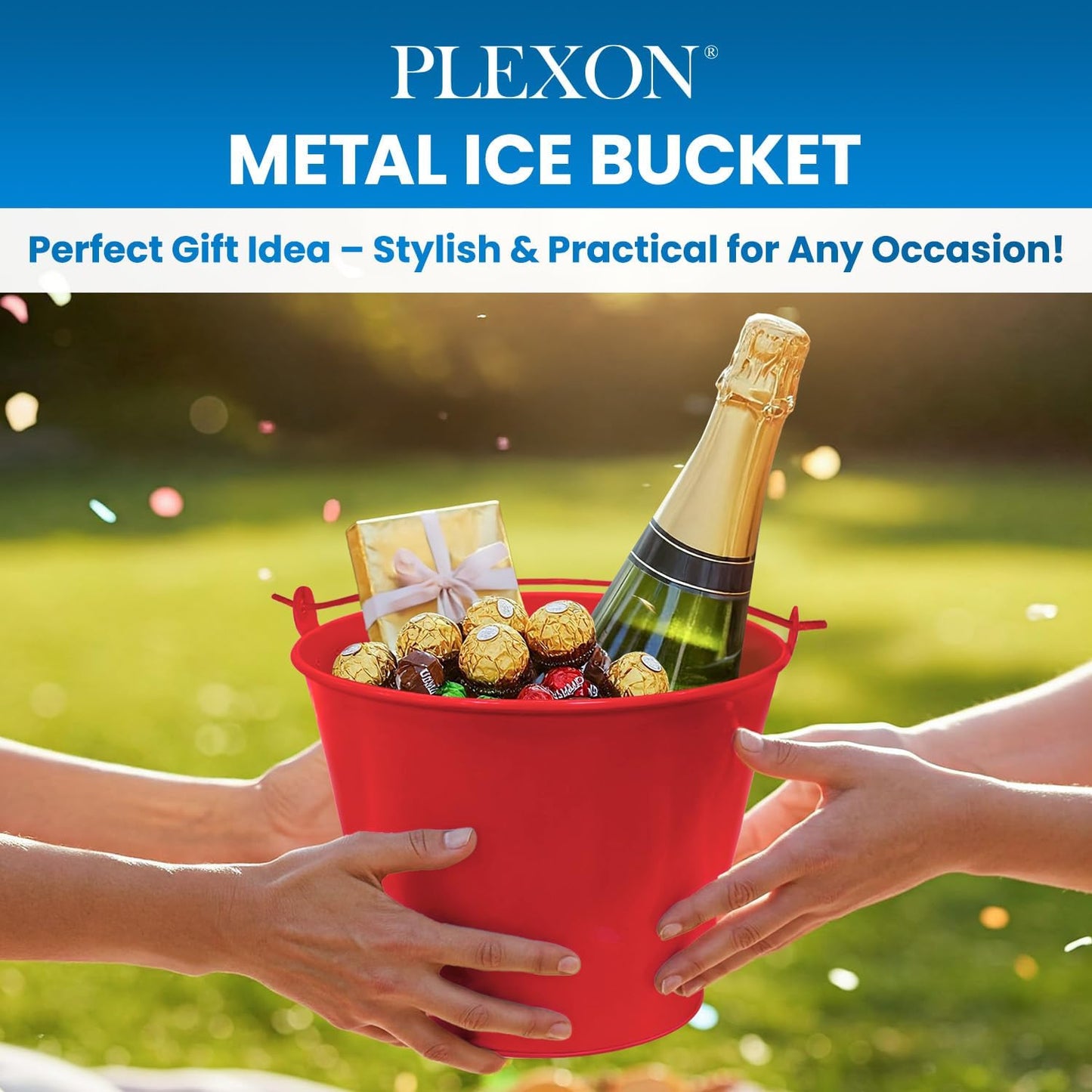 PLEXON Metal Ice Bucket for Parties Coctail Bar Restaurant - Drink Beer Champagne Beverage Pail Bucket with Handle for Valentines Day, Galvanized Steel, 1.3 Gallon, Red, Set of 3