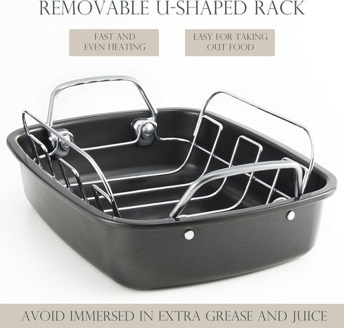 KITESSENSU Nonstick Turkey Roasting Pan - Heavy-Duty 17 x 14 Inch Chicken Roaster with Rack - Gold Finish