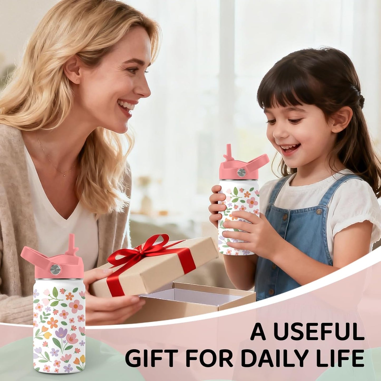 Skiennix Stainless Steel Insulated Water Bottle - 12oz Flower Design Tumbler with Straw Lid & Handle
