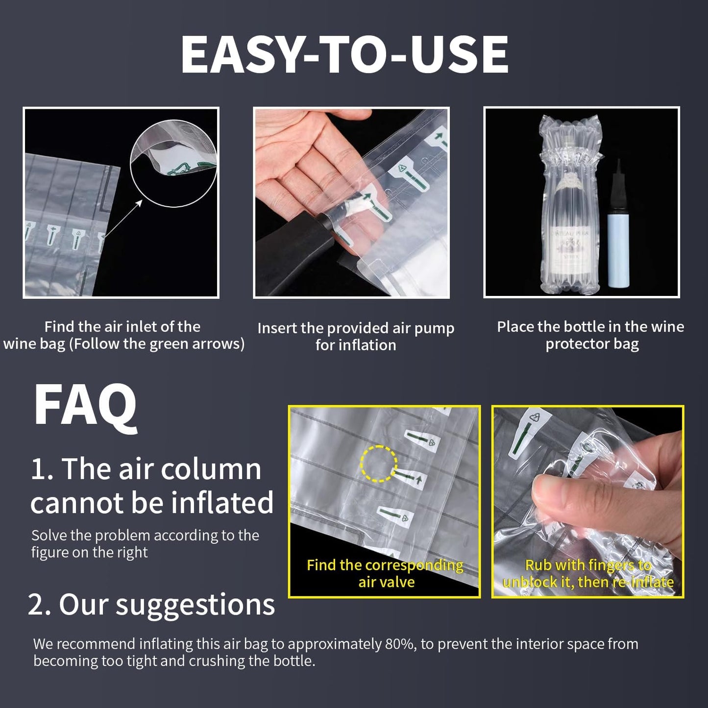 Wine Bags Bottle Protector for Travel - 10 Packs, Inflatable Air Column Bubble Cushion Wrap Wine Bottles Packaging Sleeve for Shipping Airplane Suitcase - 13 x 3.5 Inch