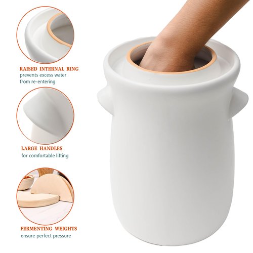 Fermentation Crock 3.8Liter/1 Gallon Stoneware Pot for Fermenting, Pickling Kimchi, Pickles, Vegetables, Kombucha - Glazed Fermenter with Stone Weights, Lid & Pickle Tamper-White Crock