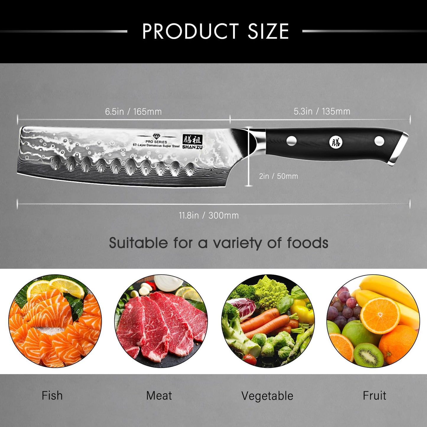 SHAN ZU Chef Knife, Damascus Professional Extra Sharp Kitchen Knife, Japanese High Carbon Super Steel Nakiri Knife with Ergonomic G10 Glass Fiber Handle