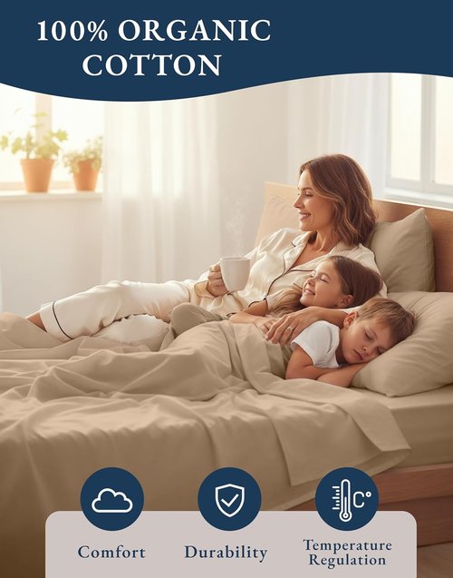 LANE LINEN 100% Organic Cotton Sheets Set - Ultra Soft Percale Weave, GOTS Certified, Fits Up to 15" Deep Pocket (Full, Taupe)