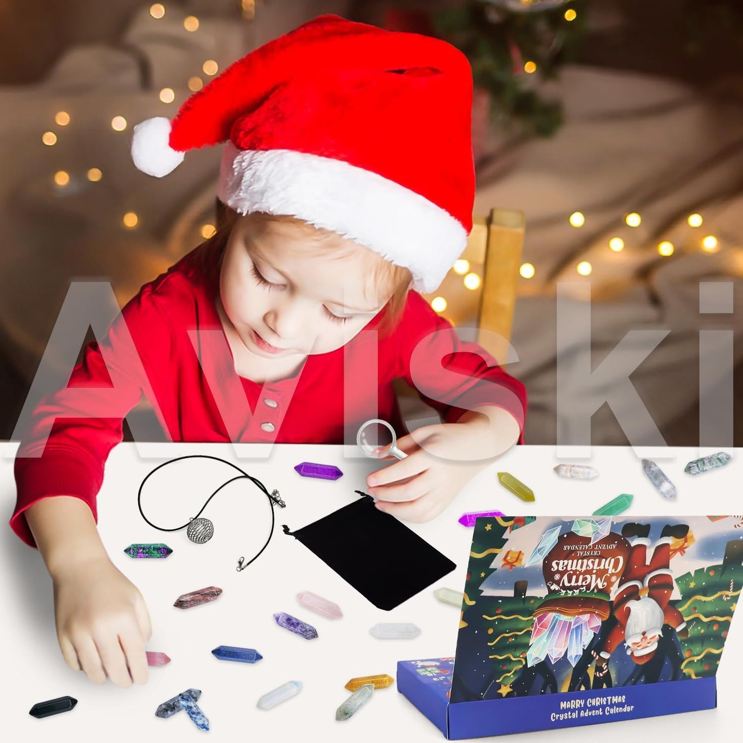 Christmas Crystal Advent Calendar 2025 | Healing Stones Kit with Necklace Holder & Magnifier - 24 Boxes for Kids & Adults