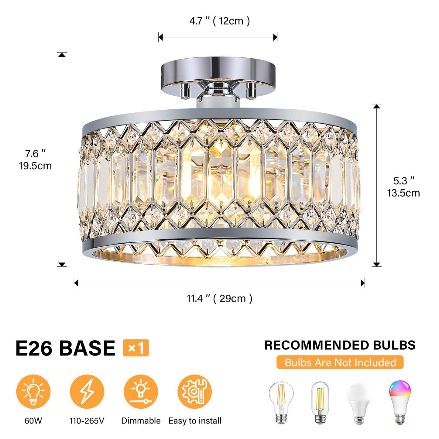 YURNYQ Crystal Ceiling Light Fixture, Modern Semi Flush Mount Ceiling Light, Chrome Lighting Fixtures Ceiling Lamp for Hallway, Kitchen, Entryway, Bedroom, Laundry Room, 1-Light, 11.4 Inch