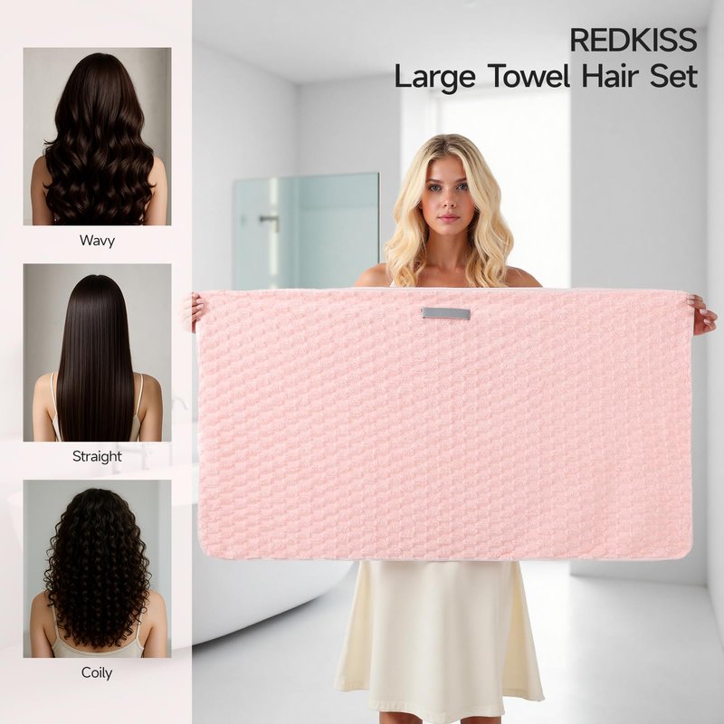 REDKISS 3 Pack Microfiber Hair Towels - Extra Large Hair Towel Wrap for Women, 24x42 inch Hair Towels with Elastic Strap, Super Soft Hair Drying Towels for Long, Thick, Curly Anti Frizz Turbans