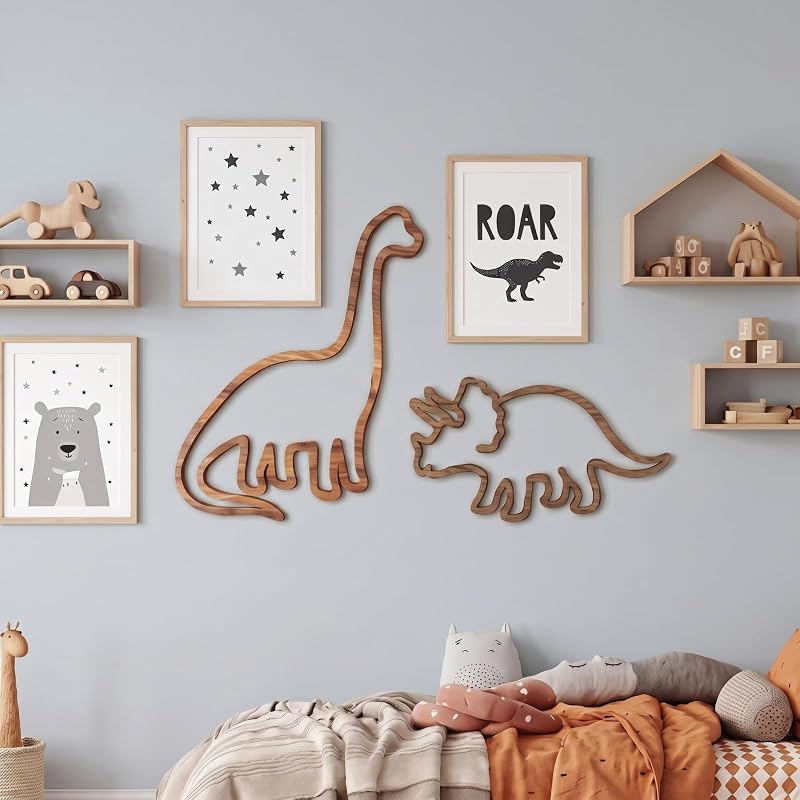 Three-Piece Wooden Dinosaur Wall Decor Set for Nursery