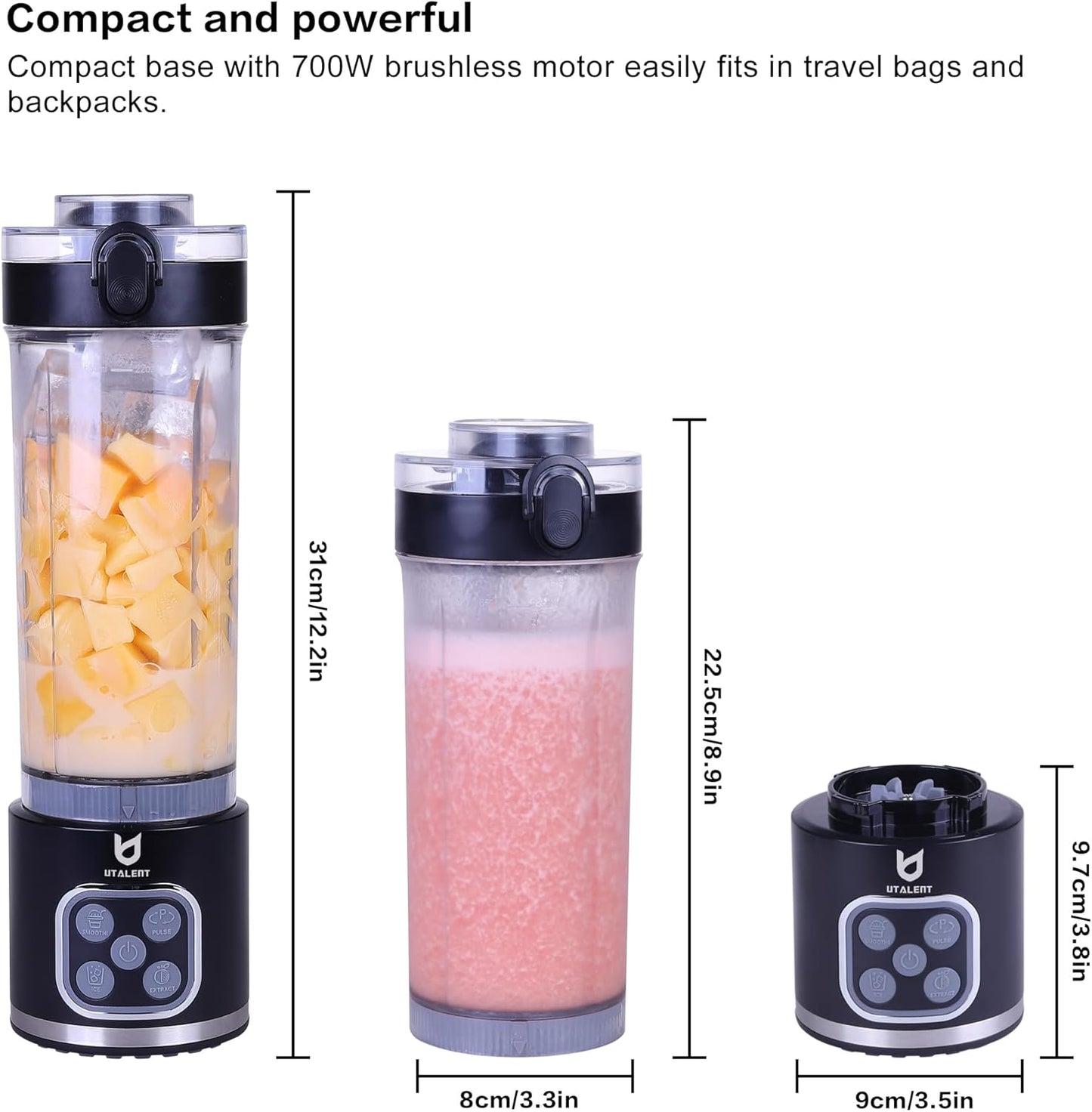 UTALENT Cordless Portable Blender - 700W Personal Blender for Smoothies & Ice Crushing | 25 oz, USB-C Rechargeable, Black