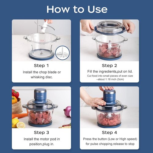 La Reveuse Food Processor - 7-Cup Electric Chopper with 4 Bi-Level Blades | 300W, Blue Glass Bowl