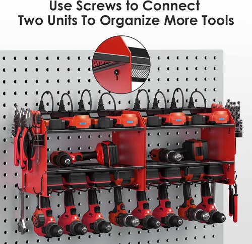 CCCEI Modular Power Tool Organizer - Wall Mount Charging Station with Heavy-Duty Rack & Hooks - Red