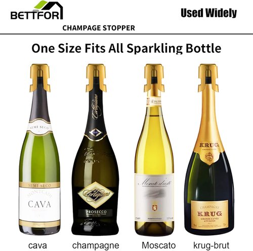 Champagne Stoppers with Stainless Steel Champagne Saver with Food Grade Silicone Leak proof Keep Fresh Suitable for Champagne, Cava, Prosecco and Sparkling(Gold, 2 Pack)