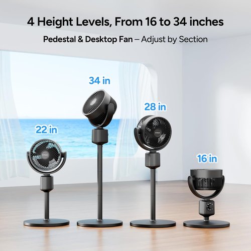 DR.PREPARE Pedestal Fan - Adjustable 16-34" Height, 70° Auto-Oscillation, 3 Speeds for Home & Office