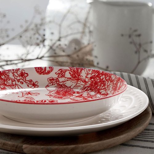 Artena Pasta Bowls Set of 4 - 26oz Porcelain Salad & Serving Bowls | 8-Inch Colorful Dinner Plates, Microwave & Oven Safe, Red Rose