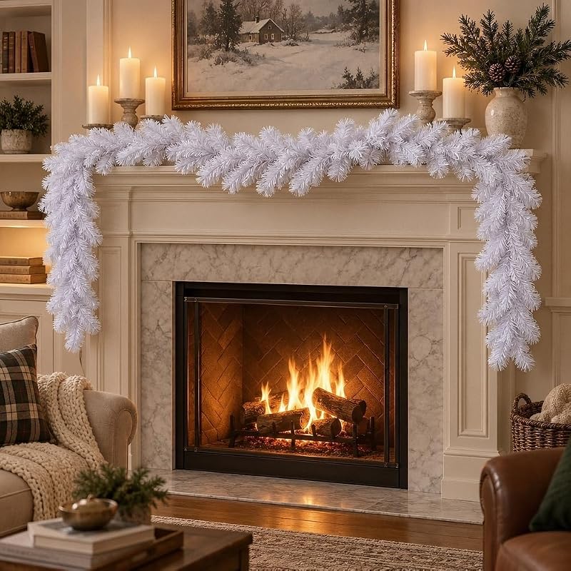 9' White Crystal Spruce Artificial Christmas Garland - Unlit, Durable Faux Garland, 210 PVC Tips - Variation: White+9' x 12"
