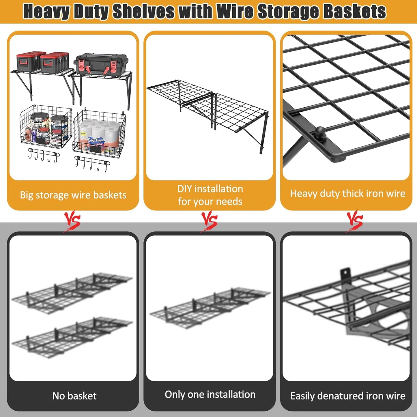 ThreeHio Garage Shelves - Heavy Duty Wall Mounted Storage with Wire Baskets & Hooks | 2 Pack