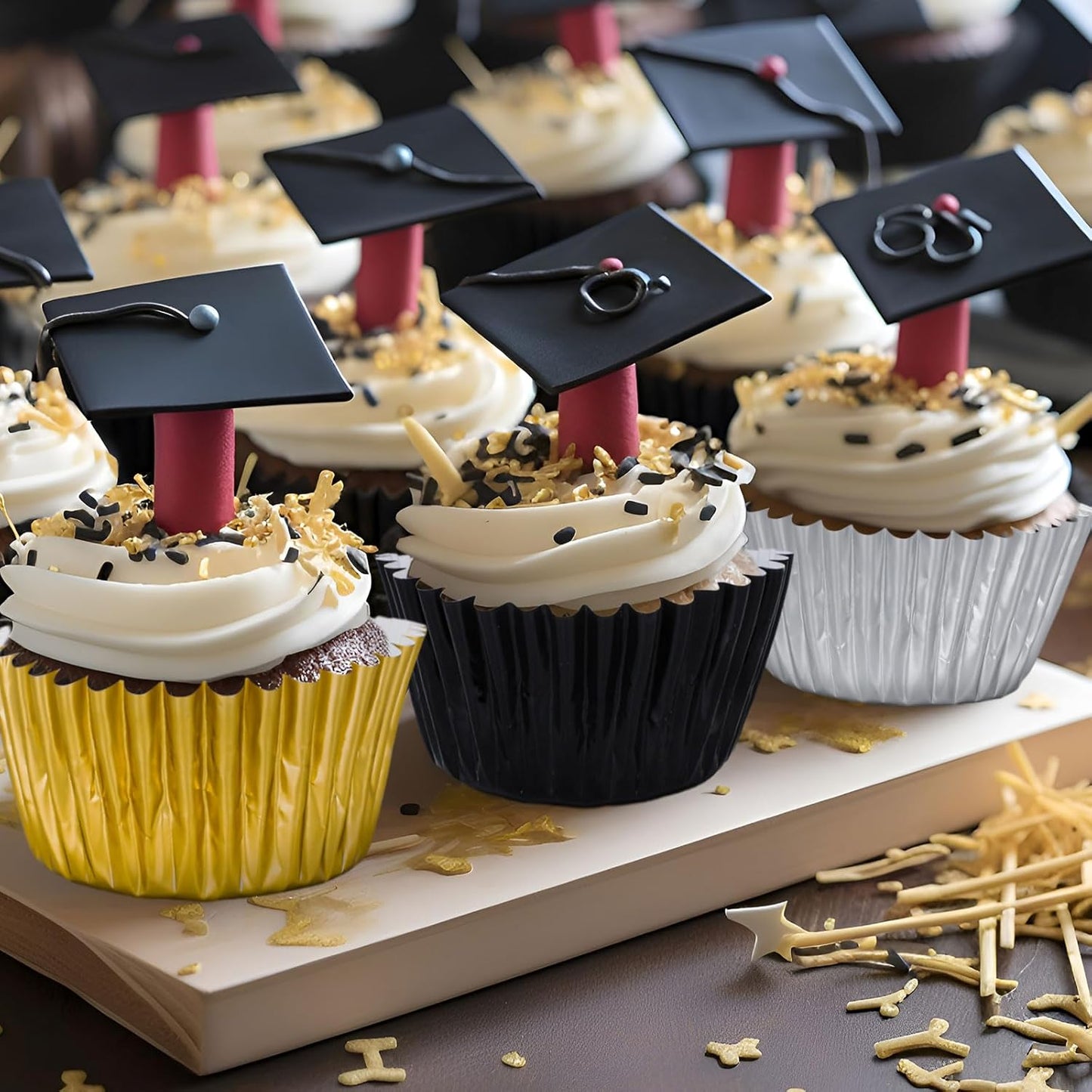 Whaline Graduation Foil Cupcake Liners - 300 Pcs Black, Silver & Gold Metallic Baking Cups for Parties