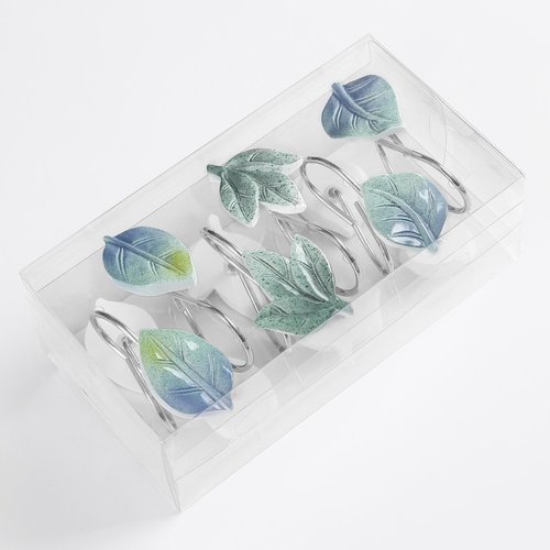 Gibelle 12PCS Leaves Shower Curtain Hooks, Blue Plant Leaf Decorative Shower Curtain Hooks Metal Rustproof Cute Eucalyptus Shower Curtain Rings Bathroom Decoration Accessories