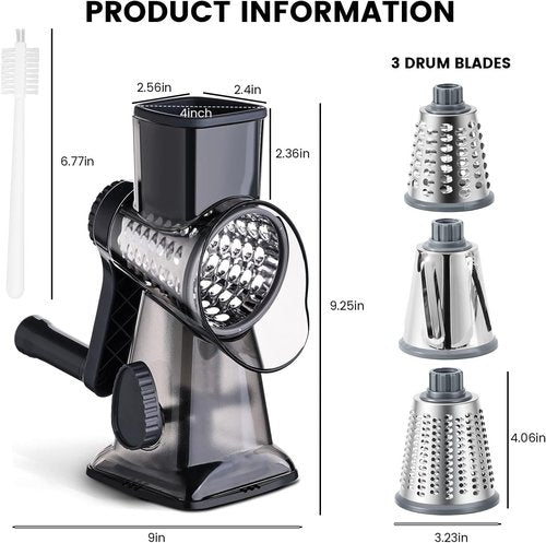 HANSGO Rotary Cheese Grater - Hand Crank Shredder with 3 Metal Blades & Non-Slip Base | Kitchen Gadget for Cheese & Veggies