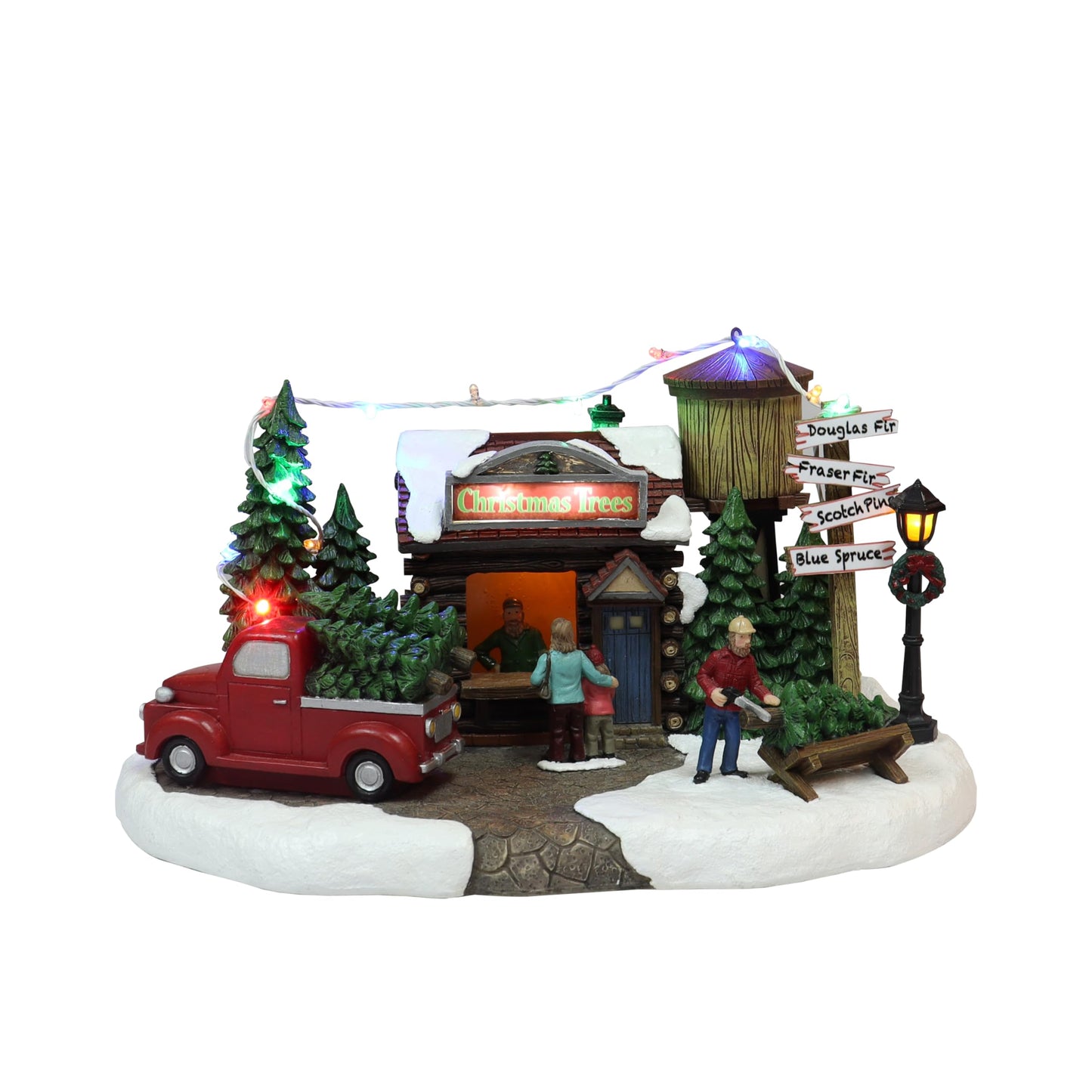 MOMENTS IN TIME Christmas Village Building, 6.7”H Polyresin Christmas Tree Lot with LED Lightup & Music - Battery Operated (not Included)