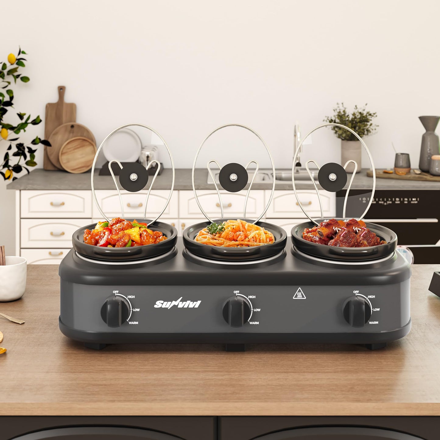 SUNVIVIPRO Triple Slow Cooker, Buffet Food Warmer with three 1.5-Quart Removable Ceramic Pots, Buffet Servers and Warmers with Glass Lids and 3 Spoons, Stainless Steel,Grey