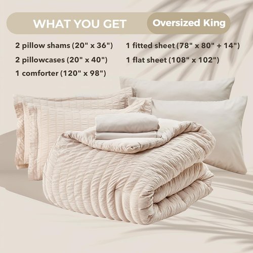 HYMOKEGE King Comforter Set - Beige Oversized 7-Piece Luxury Bedding Set with Sheets & Pillowcases