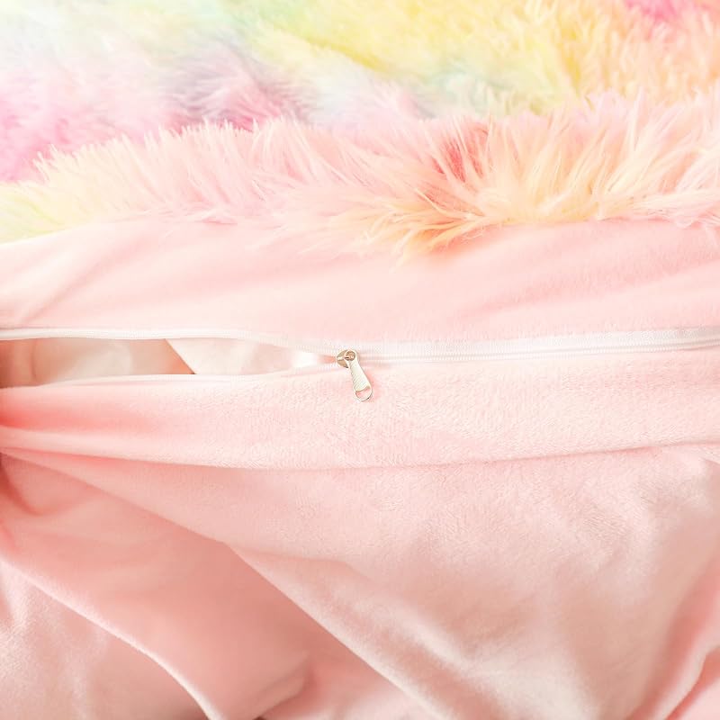 Besfunny Rainbow Faux Fur Twin Comforter Cover Set - 2-Piece Plush Bedding (66x90) Rainbow Twin Variation
