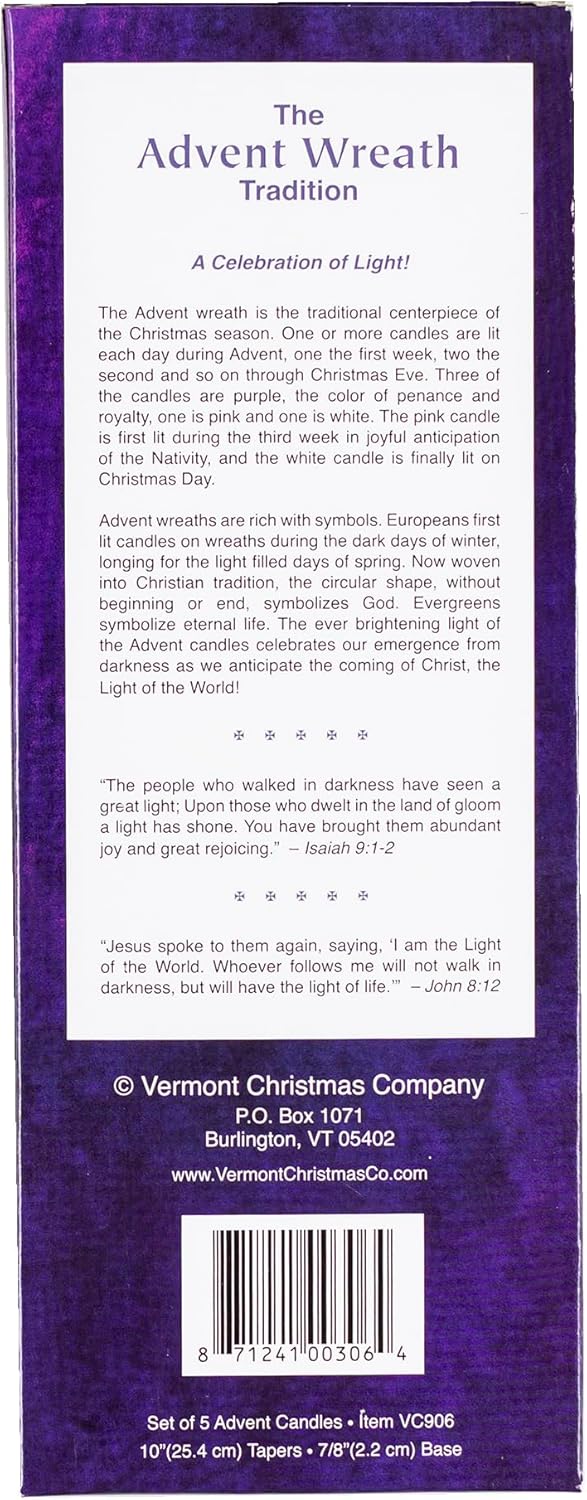 Vermont Christmas Company | Set of 5 Advent Candles - 10" Wax Taper Candles in Purple, Pink & White