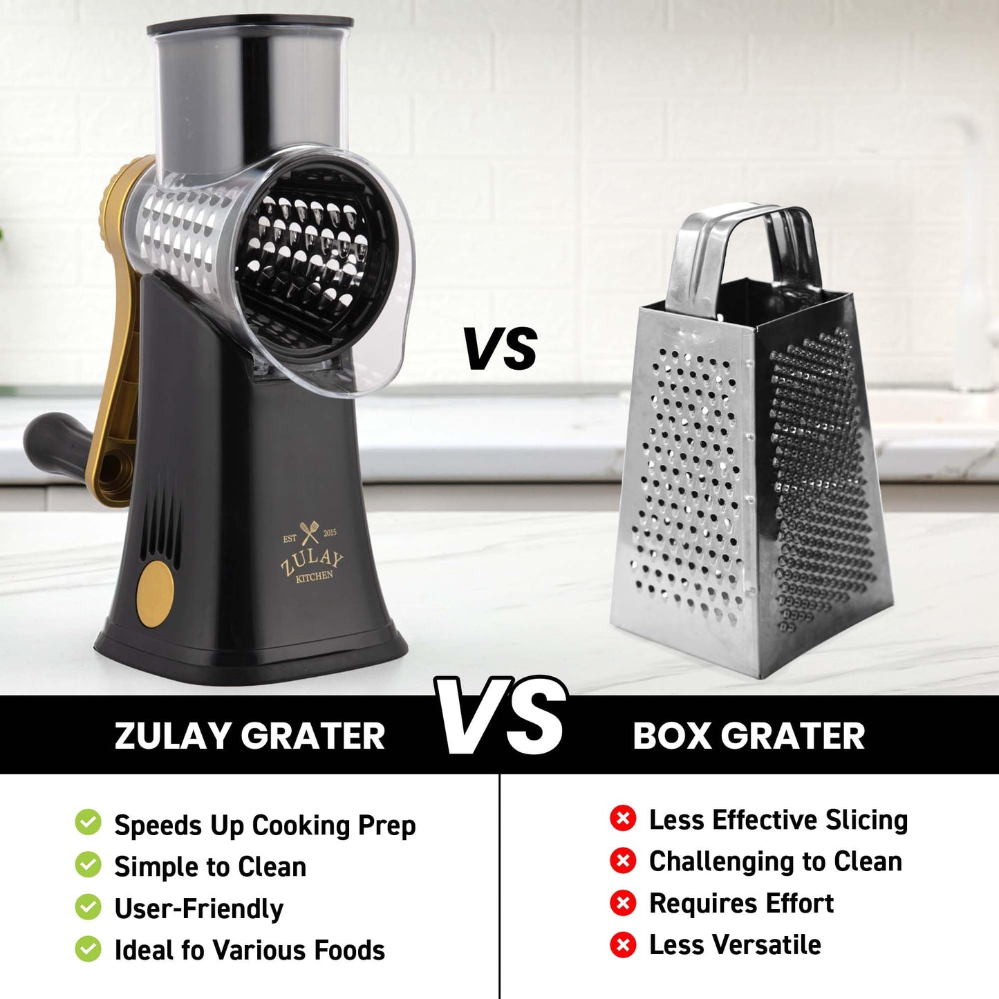 Zulay Kitchen Rotary Cheese Grater 5 Blade Cheese Shredder - Manual Hand Crank Cheese Grater With Reinforced Suction & 5 Interchangeable Drums - Easy to Use, Vegetable Chopper Round Mandoline Slicer