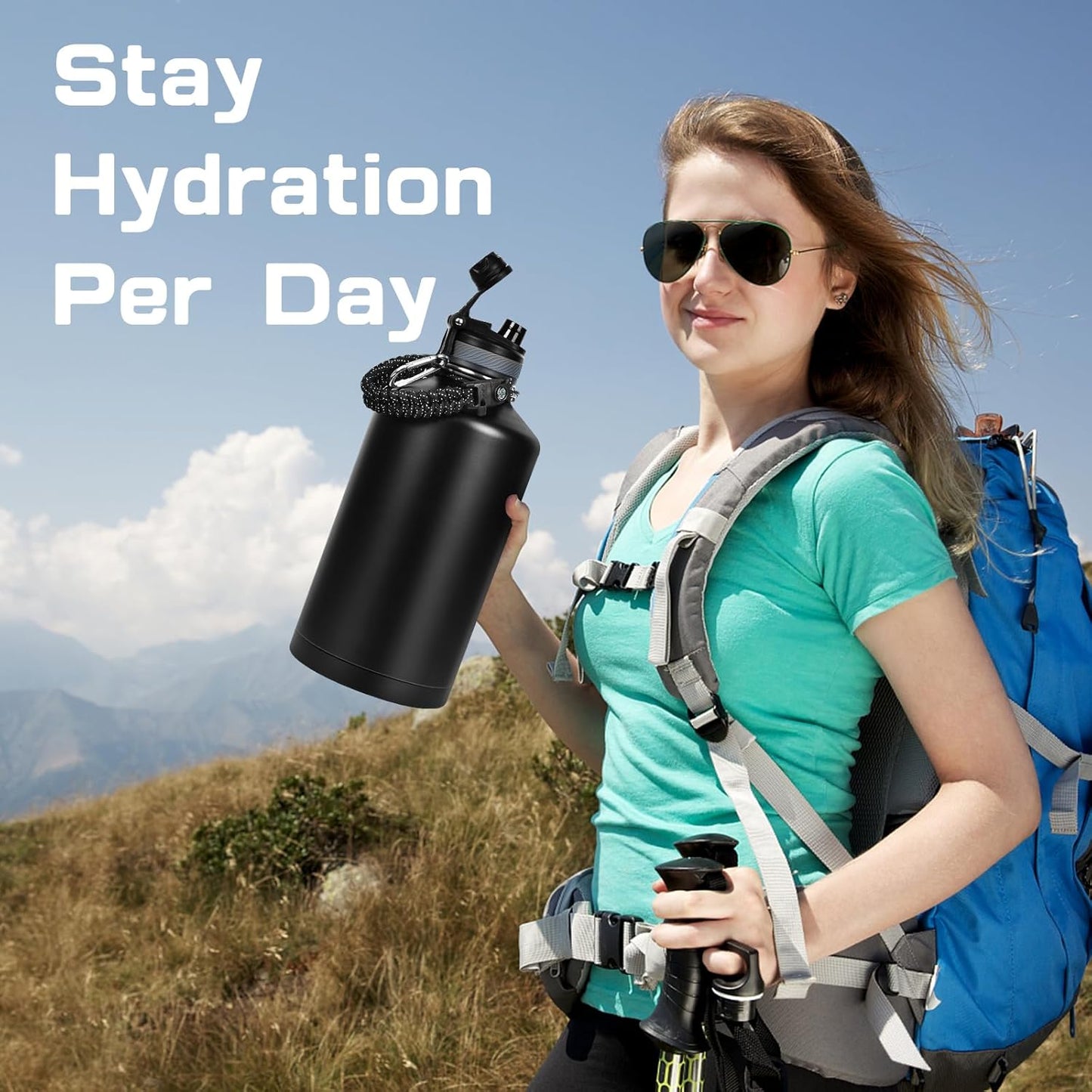 Skiennix 1 Gallon Insulated Water Bottle - Leak Proof Stainless Steel Jug with 2-in-1 Lid & Paracord Handle