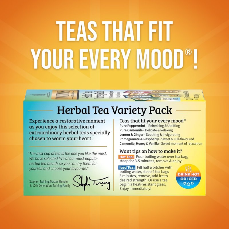 Twinings Herbal Tea Variety Pack, 20 Count (Pack of 6), Formerly Assorted Herbal, Includes 5 Flavours, Naturally Caffeine-Free, Enjoy Hot or Iced, 120 Teabags