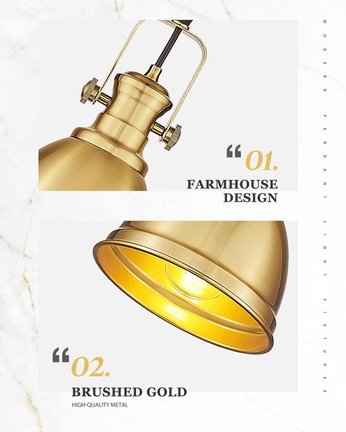 Audickic 2 Pack Pendant Lights Kitchen Island, Farmhouse Hanging Lights Fixtures with Metal Shade, Rustic Kitchen Pendant Lighting Over Island for Dining Room, Brushed Gold, AD-2151-1P2-GD