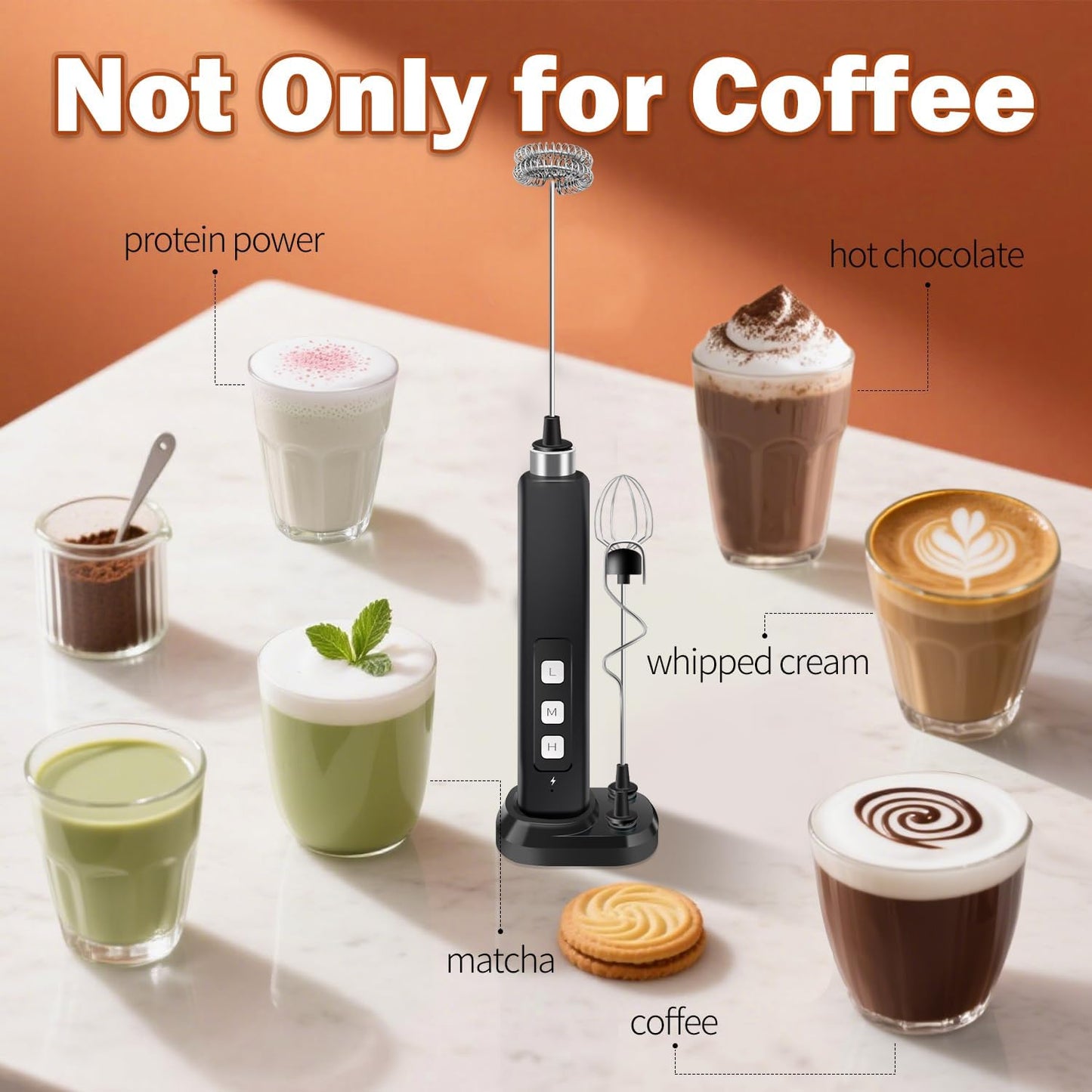 Skiennix Rechargeable Milk Frother - Handheld Drink Mixer with 3 Speed Settings & Detachable Whisks | Perfect for Coffee, Matcha & Protein Shakes