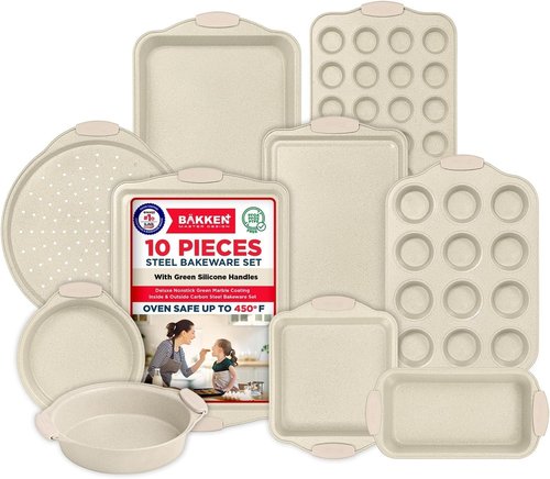 BAKKENMASTER Nonstick Bakeware Set - 10-Piece Heavy-Duty Carbon Steel with White Marble Coating, Oven Safe to 450°F