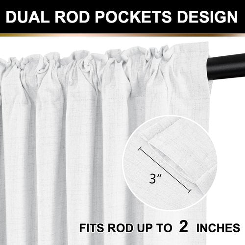 100% Blackout Shield Full Blackout Curtains for Bedroom 84 inch Length 2 Panels Set, Clip Rings/Rod Pocket Faux Linen Black Out Curtains for Living Room, Thermal Insulated, 50Wx84L, Bright White