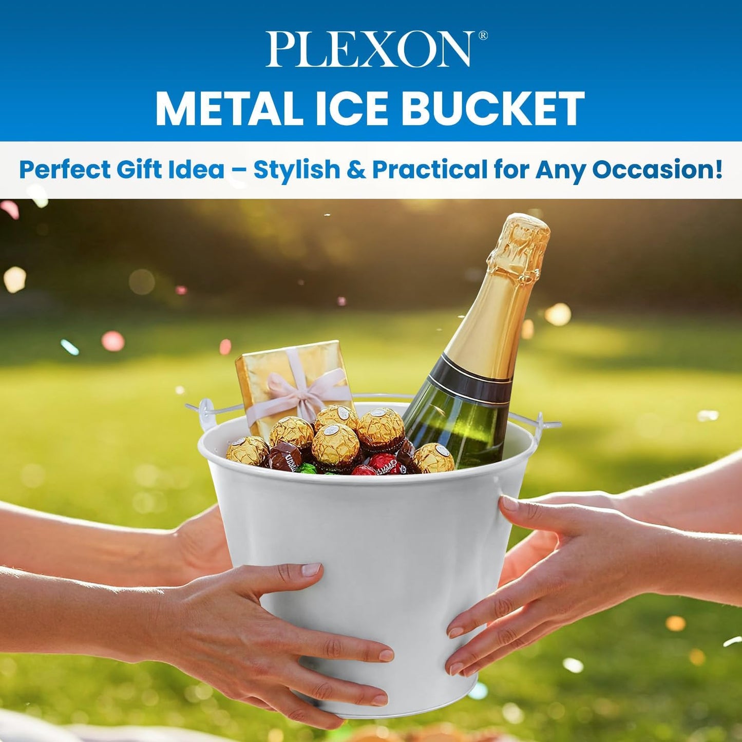 PLEXON Ice Bucket for Parties Coctail Bar Restaurant - Drink Beer Champagne Metal Pail Bucket with Handle, Beverage Chiller, 1.3 Gallon, Galvanized Steel, Gray, Set of 2