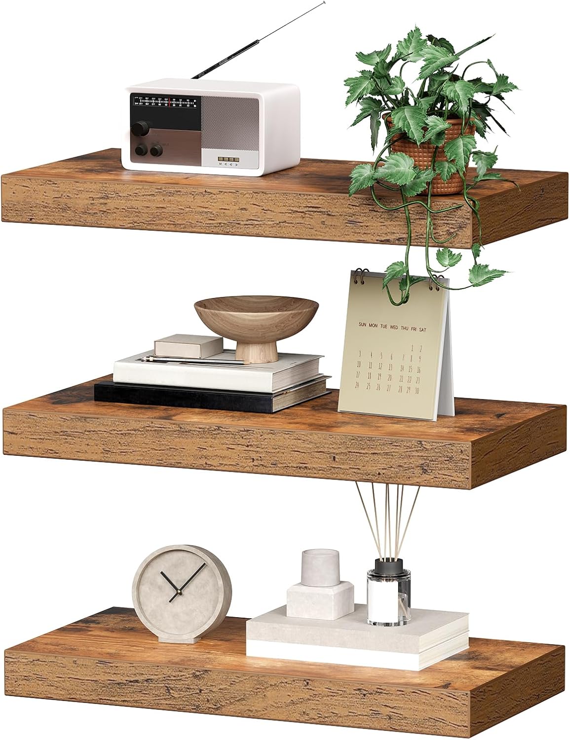 RALGEND Floating Wall Shelves - Set of 3 Rustic Brown 1.5" Thick with Invisible Brackets | 15.7L x 7.9W for Home Decor