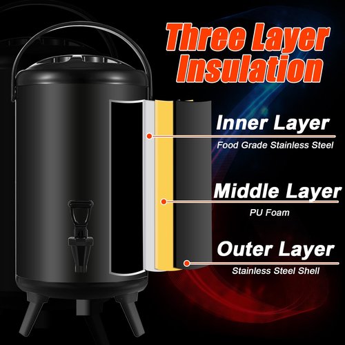 12L Stainless Steel Insulated Beverage Dispenser Hot Beverage Dispenser Cold and Hot Drink Dispenser with Thermometer with Spigot for Hot Water Tea Milk Juice, BLACK