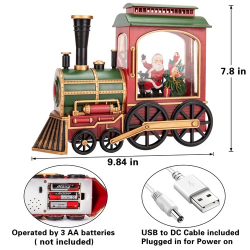 Christmas Snow Globe Lantern-Santa in Musical Train LED Glittering with 6H Timer,Battery Operated & USB Operated Music Box for Christmas Home Decoration and Gift