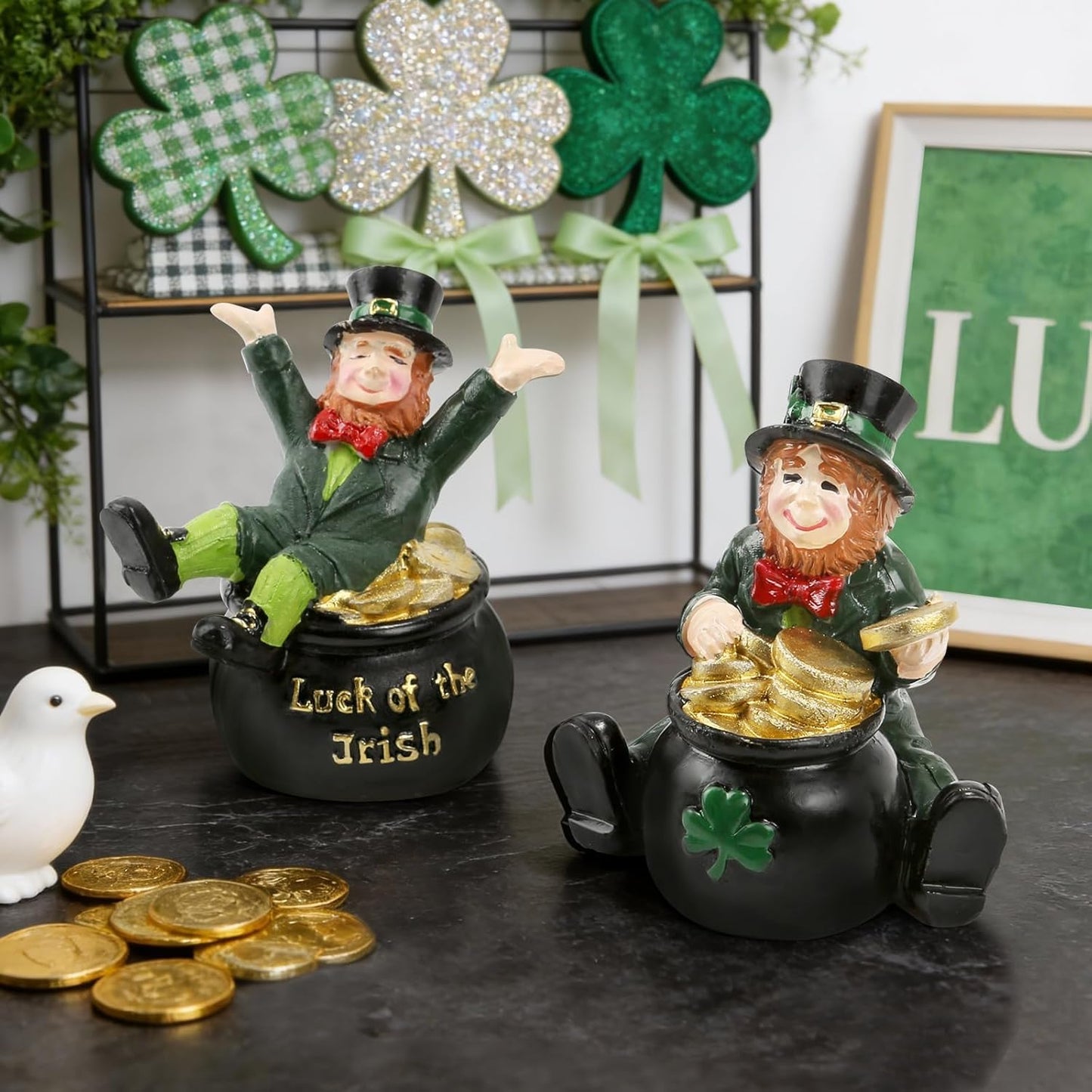 Skiennix St. Patrick's Day Decorations - Lucky Leprechaun Figurines Set of 2 | Resin Statues with Pot of Gold for Home Decor