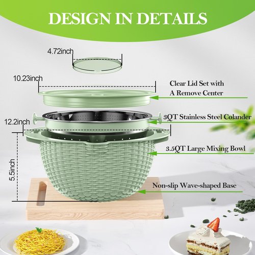 4-1 Colander with Mixing Bowl Set, Food Strainers and Colanders Set for Kitchen, Pasta Rice Strainer, Fruit and Veggie Washer, Salad Spinner, Kitchen Essentials Strainer Basket Bowl, Green