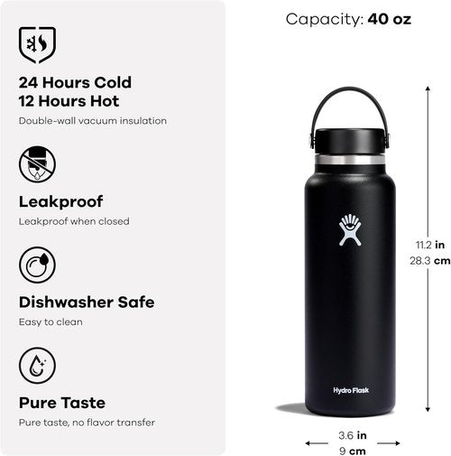 Hydro Flask Water Bottle - Insulated Stainless Steel with Wide Mouth Flex Lid | 40 Oz, Leakproof & Refillable