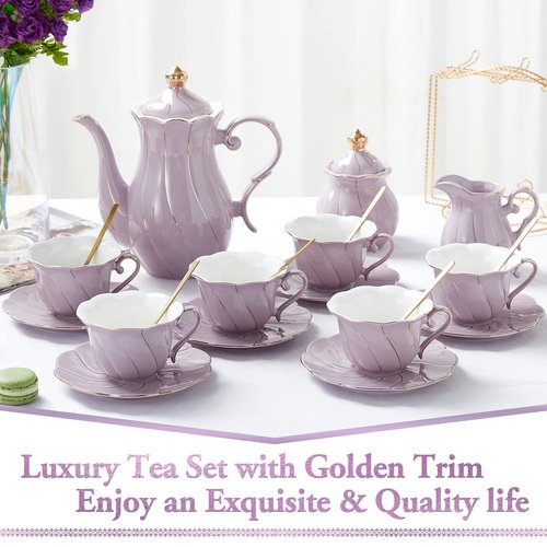 DUJUST 22 pcs Porcelain Tea Set for 6, Luxury British Style Tea/Coffee Cup Set with Golden Trim, Beautiful Tea Set for Women, Tea Party Set, Gift Package (With a Stand) - Purple
