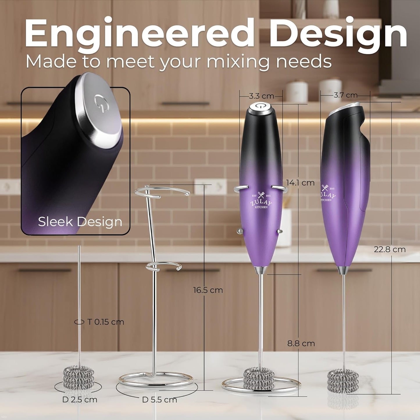 Zulay Kitchen Tornado Triple Whisk Milk Frother - Handheld Foam Maker for Coffee & Lattes - Includes 4 Duracell Batteries - Galaxy