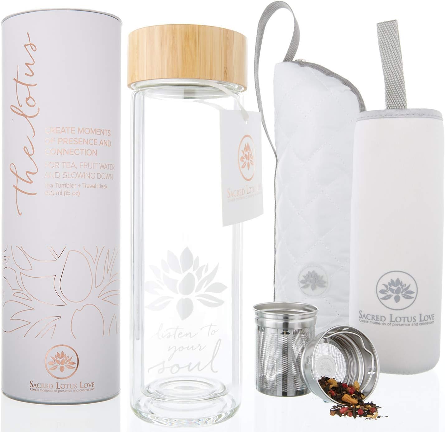 Sacred Lotus Love Double-Walled Glass Tea Tumbler - 15oz Infuser for Loose Leaf Tea & Travel Sleeve