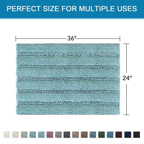 H.VERSAILTEX Bath Mats for Bathroom Non Slip Extra Thick Chenille Striped Bath Rug 24" x 36" Absorbent Non Skid Fluffy Soft Shaggy Rugs Washable Plush Mats for Indoor, Bath Room, Tub - Aqua Haze