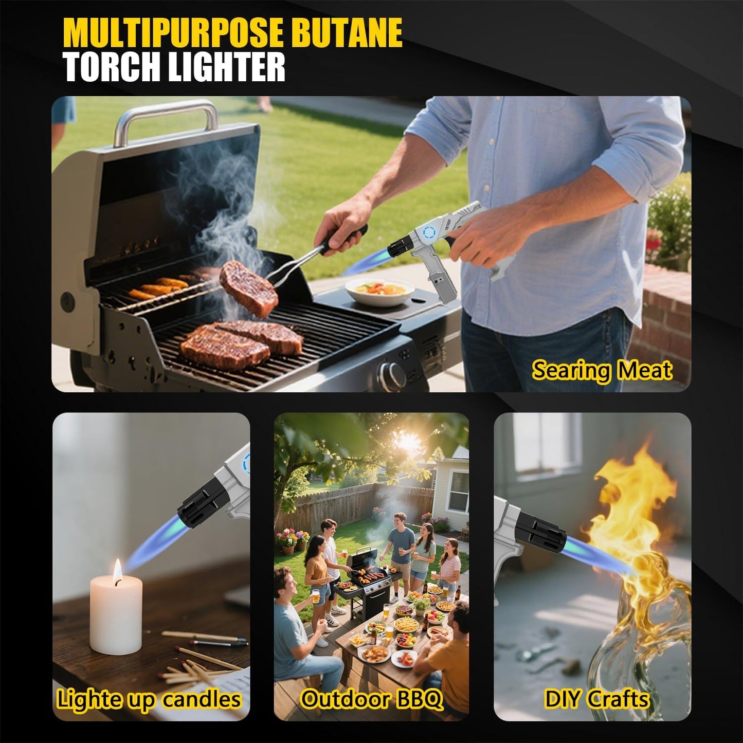 TBTeek Torch Lighter - Refillable Butane Kitchen Blow Torch with Adjustable Flame & Safety Lock | Dual Heights for Cooking & BBQ