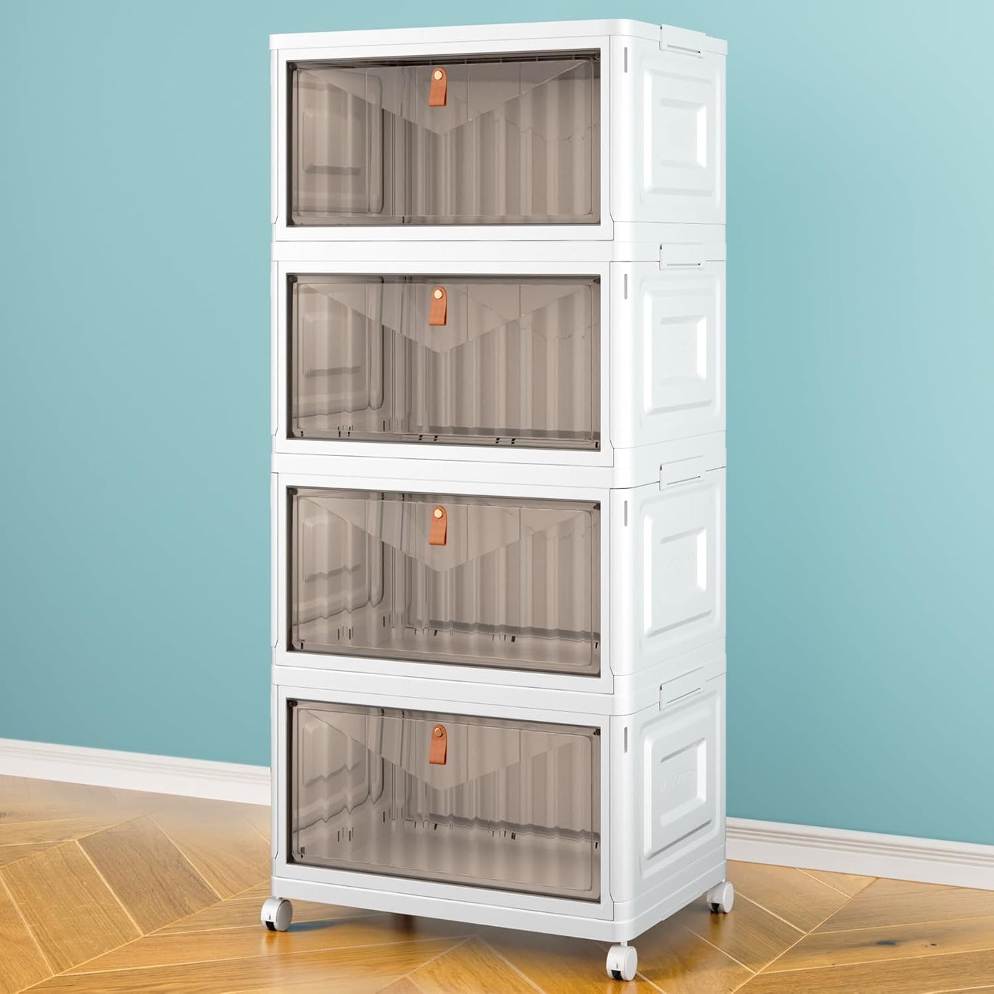 Skiennix 4-Tier Storage Bins - Stackable Closet Organizers with Lids & Wheels | 23QT Foldable Plastic Containers - White