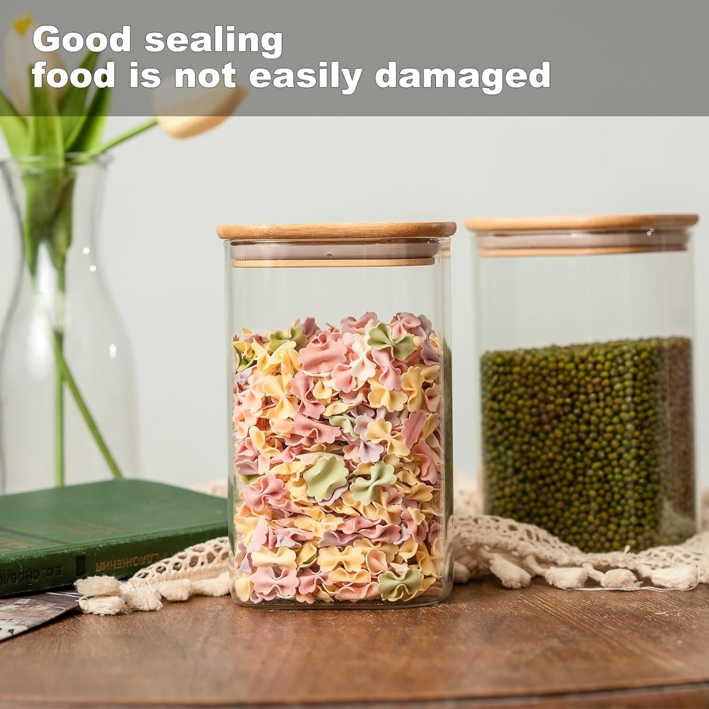 Skiennix 50oz Glass Food Storage Jars - Set of 6 Airtight Containers with Bamboo Lids | Clear Square Design
